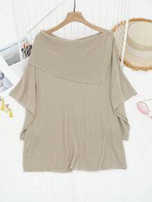 Asymmetrical Knit Batwing Sleeve Regular Length Top For Women - Khaki - View 7