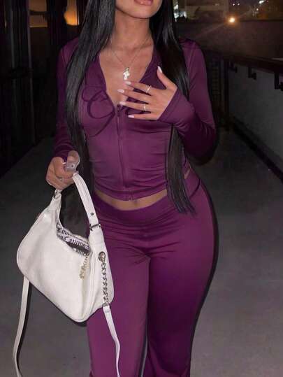 FQLWL 女士休闲街头风运动套装，印花拉链连帽衫和长裤套装，长袖两件套，春季款