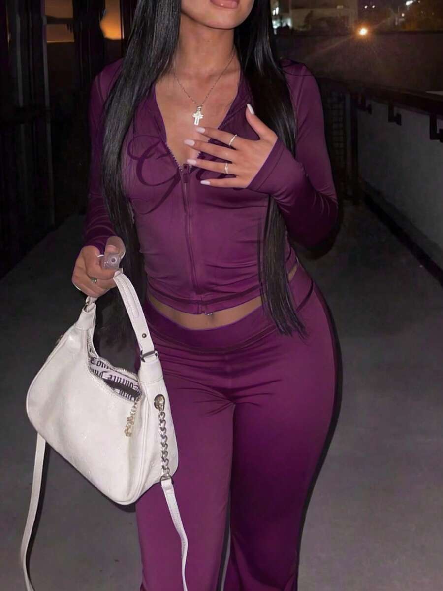 FQLWL 女士休闲街头风运动套装，印花拉链连帽衫和长裤套装，长袖两件套，春季款 - 紫色 - 查看 1