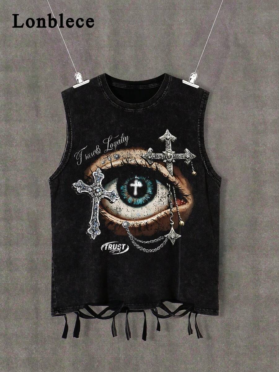 Lonblece 1pc Streetwear Cross & Eye Graphic Distressed Loose Fit Tank Top For Men - Black - View 1