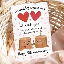 1pc "Woodn't Wanna Live Without You: Happy 5th Anniversary" Cute Tree Stump Couple Card – Sweet White Design With Playful Smiling Tree Stumps (Plus Heart Accents) And Punny, Warm Anniversary Text. Perfect For Gifting To A Partner On Your 5th Anniversary, Blending Silly Wordplay With Sincere "Forever" Affection. Cheerful, Charming Tone, Includes Red Envelope – A Delightful, Whimsical Card To Celebrate 5 Years Of Love And More To Come. - Multicolor - View 10