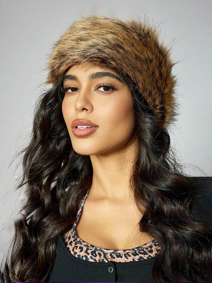 1pc Fashionable Faux Fur Warm Headband Hat - Camel - View 1