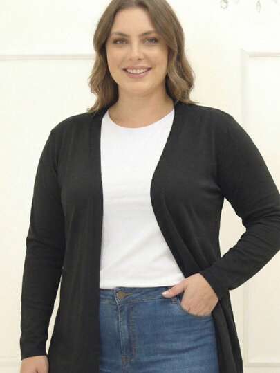 Casaco Cardigan Feminino Liso Fenda Plus Size Kimono