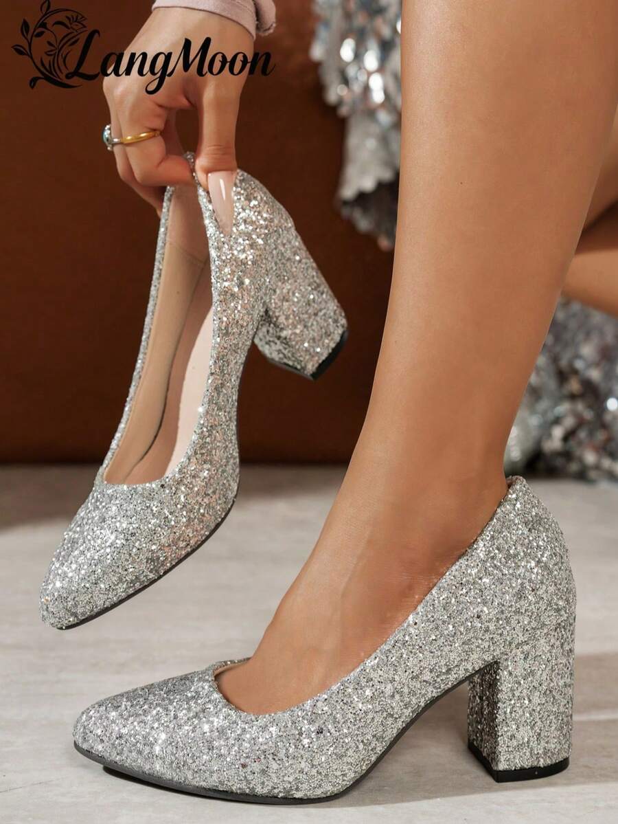 LangMoon 2026 新款闪亮亮片粗跟高跟鞋 - 舒适百搭性感设计，闪亮亮片闪耀，欧美性感风，适合派对、聚会、夜生活和休闲时尚装扮，优质柔软鞋垫，不勒脚，适合婚礼季和各种节日穿着。