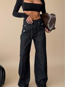 SQUALO Women's Vintage Washed Gray Spilt Straight Flared Jeans Vacation Y2K - Black - View 2