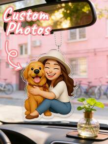 Personalized Cartoon Photo Car Pendant, Customized Anime Style Pet/Couple/Family Portrait Rearview Mirror Hanging Ornament, Cute Car Accessories, Customizable Text, Perfect Personalized Gift For Christmas, Birthday, Valentine's Day, New Car Owner, Anniversary, New Year And Other Holidays - Multicolor - View 3