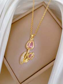 1pc Stainless Steel Zirconia Chain With Flower Pendant Necklace, Fashionable Jewelry, Versatile Minimalist Design, Gift Accessory - Multicolor - View 2