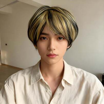 假发，日式正太男孩渐变刘海短发，合成纤维逼真全头假发，棕色短刘海假发，适合角色扮演和日常佩戴