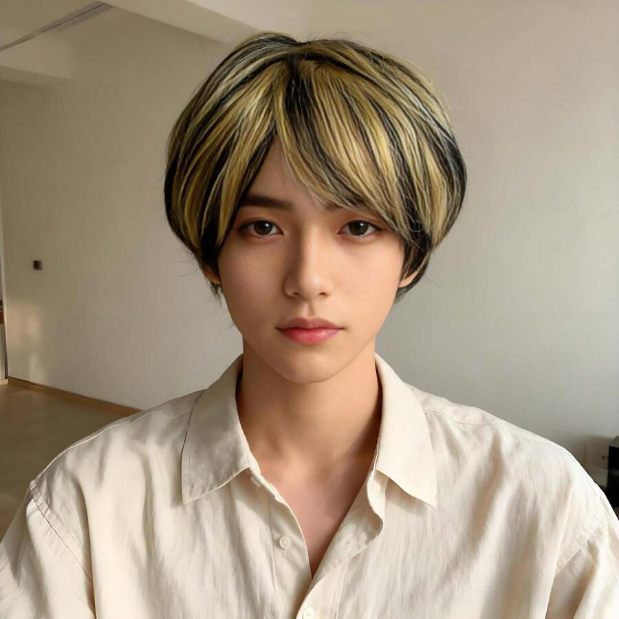 假发，日式正太男孩渐变刘海短发，合成纤维逼真全头假发，棕色短刘海假发，适合角色扮演和日常佩戴 - 彩色 - 查看 1