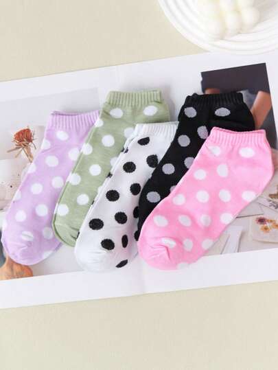 3 Pairs Women's Ankle Socks, White, Black, Purple Polka Dot Pattern, Fashion Minimalist Casual Versatile Daily Wear, Soft, Comfortable, Moisture-Wicking, Suitable For Any Shoes