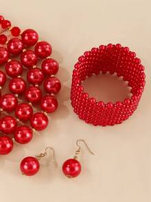 夸张多层蒲公英手工串珠仿珍珠项链、手链和耳环三件套，复古波西米亚风 - 紅色 - 查看 5