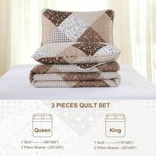 Floral Plaid Patchwork Quilt Set King Size, Reversible Brown Bedding Set Soft Microfiber Lightweight Bedspread Coverlet 3 Piece All - Season Use (104x90 Inches) - Deep Brown - View 5