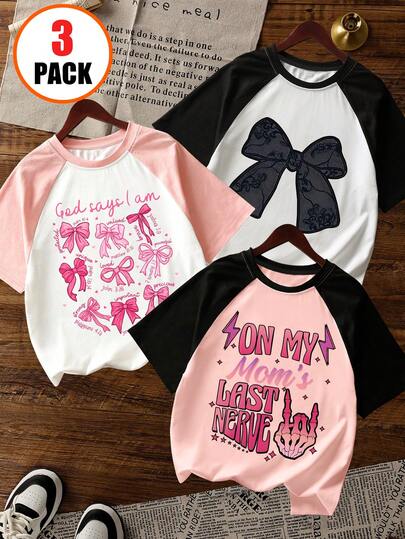 3pcs/Set Girls' Colorblock & Graphic Print Round Neck Short Sleeve T-Shirts, Cute Casual Summer Tops, Suitable For Teens And Students