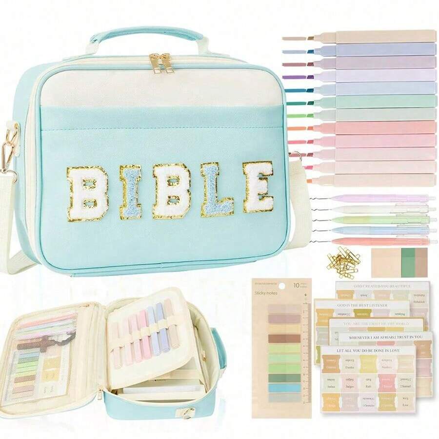 Bible Cover Case For Women Grils, Preppy Bible Bag With Adjustable Shoulder Strap, Waterproof Bible Carrying Tote Bags Holder For Bible Study Supplies Accessories & Christian Gifts - 淺藍色 - 查看 1