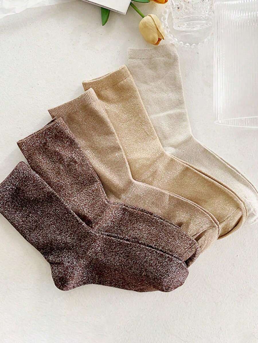 5 Pairs Random Women's Shiny Socks, Unique Korean Style Gold/Silver Thread Design Mid-Calf Socks, Versatile & Stylish - Multicolor - View 1
