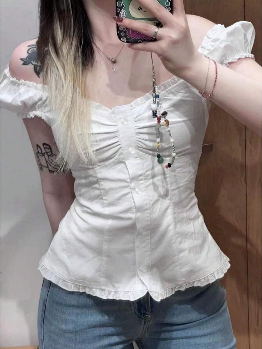 Women Button Down Lace Top V Neck Ruffle Low Cut Cap Sleeved Babydoll Cute Shirt Slim Fit Coquette Blouse - trắng - Xem 1