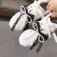 1 Pair Handmade Pearl Lace Ribbon Bow Shoe Clips, Women & Kids Shoe Decorations With Hook - Black - View 6