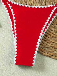 Women's Elegant Red & White Striped Lace Backless Sexy Beach Vacation Bikini Set, Suitable For Valentine's Day Summer - Red - View 5