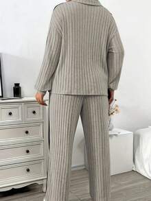 大码女式罗纹睡衣套装，长袖上衣和裤子，家居服