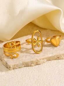3pcs Minimalist Versatile 18K Gold Plated Stainless Steel Geometric Heart Flower Oval Ring Set, Elegant Fashion Suitable For Women Daily, Festival, Party, Holiday, Date, Gift, Valentine's Day, Luxury Ring Set - Multicolor - View 7