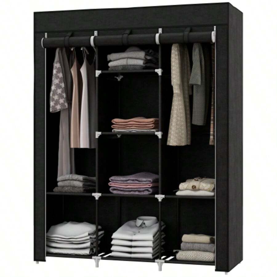 Fabric Wardrobe With Clothes Rail, 8 Shelves, 125x43x162.5cm, Black, Space-Saving Folding Wardrobe For Hallway & Bedroom - Black - View 1