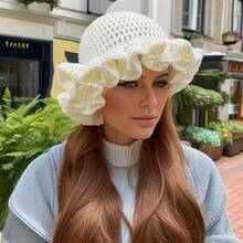 1pc New Creative Fashion Solid Color Ruffled Crochet Wool Hat With Pleated Edge And Wide Brim Fisherman Hat For Autumn And Winter - Màu nâu - Xem 6