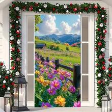 2Dflat, 1pc Spring Garden Party Banner Door Curtain - Durable Polyester, Vivid Flowers And Mountain Views, No Electricity Required, Suitable For Apartment Decoration, Season Celebration And Holiday Decoration, Outdoor Decoration - 1PCS - View 3