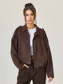 KATCH ME Women's Vintage Oversized Solid Color Suede Cropped Bomber Jacket, Winter Clothes Fashion Outfits - Coffee - View 1