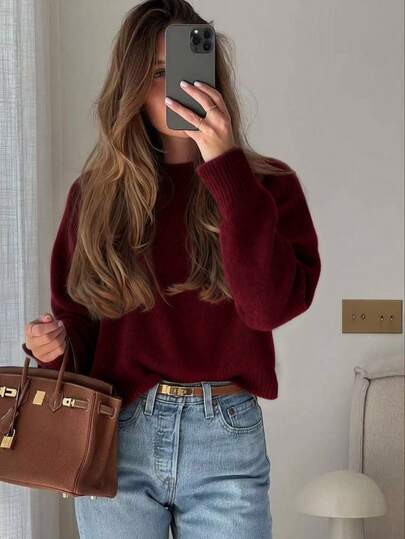 1pc Burgundy Sweater, Vintage Christmas/New Year Red Top, Slouchy Knit Pullover, Suitable For Dates, Everyday Wear In Autumn/Winter, Fashionable For Young Women, Retro Style For Daily Outings, Suitable For French Style Lovers & Lightly Mature Women