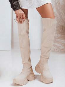 Bottes chaussettes montantes pour femmes, avec tige élastiquée, plateforme, style à enfiler, mélange de tissu et  synthétique, style sportif, construction montante et semelle résistante, adaptées à un usage quotidien. - Beige - View 3