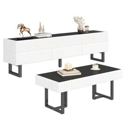 Modern, Minimalist Coffee Table And TV Furniture Combination, Storage Furniture Set In Black And White Stripes, Luxurious Living Room Furniture