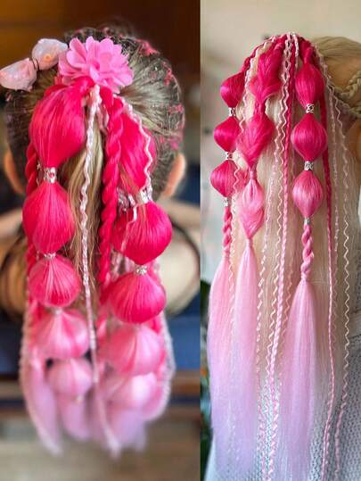 Synthetic 1Pc Lightweight Colored Hair Extensions For Kids Bubble Ponytail With Hair Tie Ombre Crazy Hair Day Accessories
