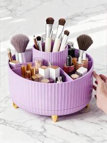 A 360-Degree Rotating Cosmetic Storage Box - A Single Plastic Cosmetic Storage Box With 5 Compartments - A Multi-Functional Storage Box For Brushes, Lipsticks, Skincare Products, And Stationery - A , Odorless, Luxurious Striped Design Desktop Storage Box, Suitable For Bedroom, Bedroom, Large-Capacity Plastic Pen Holder, Bathroom Organizer, And Household Dustproof Storage Bucket.,Room Decor - Multicolor - View 1