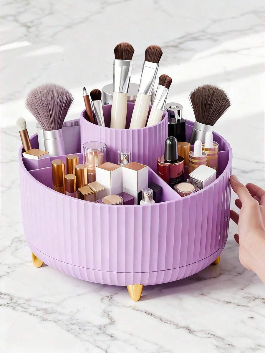 A 360-Degree Rotating Cosmetic Storage Box - A Single Plastic Cosmetic Storage Box With 5 Compartments - A Multi-Functional Storage Box For Brushes, Lipsticks, Skincare Products, And Stationery - A , Odorless, Luxurious Striped Design Desktop Storage Box, Suitable For Bedroom, Bedroom, Large-Capacity Plastic Pen Holder, Bathroom Organizer, And Household Dustproof Storage Bucket.,Room Decor - Multicolor - View 1