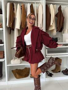 Women's Solid Color Spring/Autumn New Jacket Two Pieces Set (Jacket + Pants, Excluding Belt Accessories) Elegant Summer - Burgundy - View 5