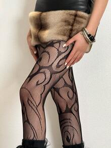 1/2/3双装黑色花卉图案渔网袜，薄款性感镂空蕾丝连裤袜，春秋季 - 黑色 - 查看 5