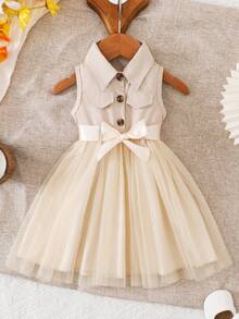 Baby Girls Cute Sleeveless Lapel Faux Pocket Button Splice Mesh Dress With Belt - Apricot - View 1