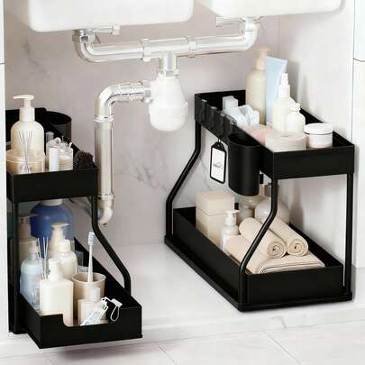2 Pack Under Sink Organizers Black/White, 2-Tier Large Capacity Pull Out Kitchen & Bathroom Under Sink Drawer Organizer - Space-Saving, Durable Black Storage Solution