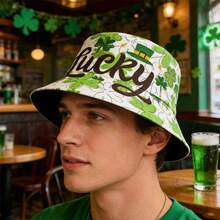 Irish Holiday Hat, Soft Bucket Hat Shamrock Letters Print Party Photo Booth Props, St. Patrick's Shamrock Design - Light Green - View 8