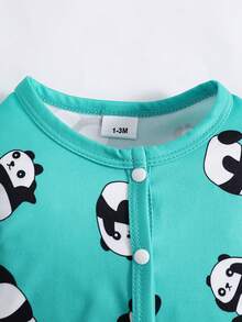 3件套男婴可爱卡通熊猫条纹印花长袖连体衣，四季皆宜 - 綠色 - 查看 3