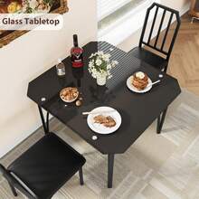 Juego de Mesa de Comedor para 2 Personas - Vidrio Templado con Base en Ángulo, Sillas Acolchadas - Ideal para Cocinas y Departamentos - Fácil Armado - Negro - Ver 4
