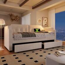 Upholstered Sofa Bed 90x200 Cm With USB Type-C Reading Light, Sleeper Sofa Daybed With 2 Storage Drawers, Children's Bed, Youth Bed, Bed Frame With Slatted Base Made Of Wood, Velvet, Beige (Without Mattress) - Beige - View 6