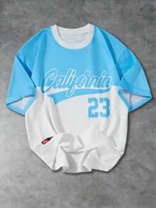 1 pieza Camiseta de manga corta de cuello redondo suave y cómoda con bloqueo de color y letra de California para niños, adecuada para deportes al aire libre, primavera/verano - Celeste - Ver 8