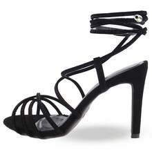 RE&TON Sandália Feminina Salto Fino Amarração Delicada FN22 - Preto - Visão 3