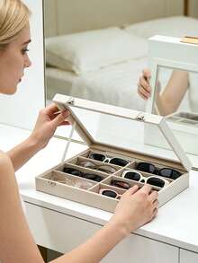 8-Slot Velvet Glasses & Jewelry Display Tray - Eyeglasses, Watch And Jewelry Storage Box - Unisex (8 Grids), 8 Grid Velvet Glasses And Jewelry Storage Tray, Polyester Fabric Eyeglasses And Accessories - E - View 3