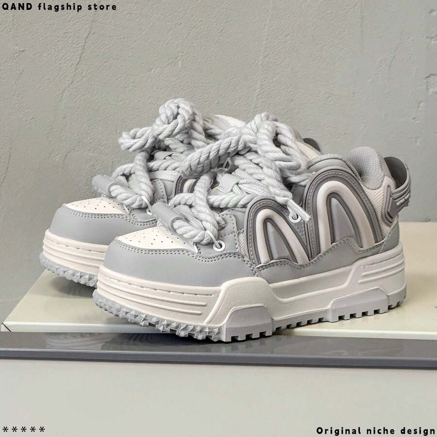 Women's Chunky Platform Shoes Brown Rope Lace Up Colorblock Campus Walking Sneaker Stylish Textured Details Comfortable Daily Shoes - Xám - Xem 1