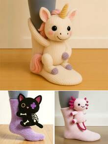 Calcetines de piso con diseño de animales navideños y de San Valentín en 3D, calcetines cálidos para interiores, nuevos calcetines de algodón tejido - Multicolor - Ver 7