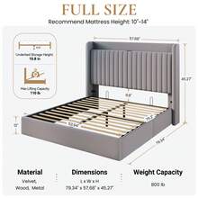 SHA CERLIN Full/Queen/King Size Lift Up Storage Bed Frame/Charging Station/USB,Type-C Port/Storage Headboard/Velvet Upholstered/Hydraulic Support/No Box Spring Needed/Noise Free/Grey - Xem 8