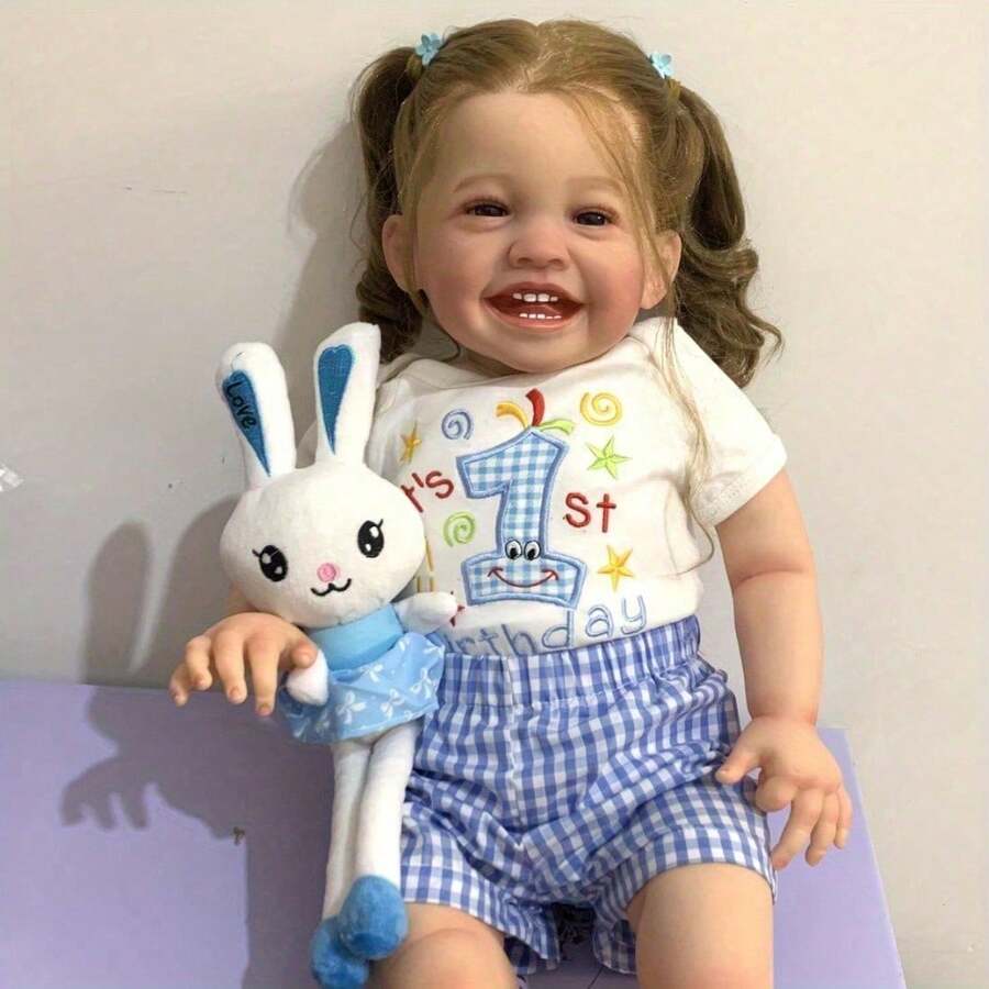 24 Inch (60cm) Lifelike Reborn Baby Doll, 3D Painted Skin, Visible Veins, Cloth Body Toy, Soft Vinyl Newborn Baby Girl, Handmade, Bright Smile, Toddler Princess - Blue and White - View 1