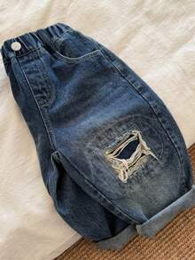 Dżinsy jeansowe w koreańskim stylu dla małych dzieci i młodzieży, z przetarciami, z prostą nogawką - Średni jeans - Zobacz 3